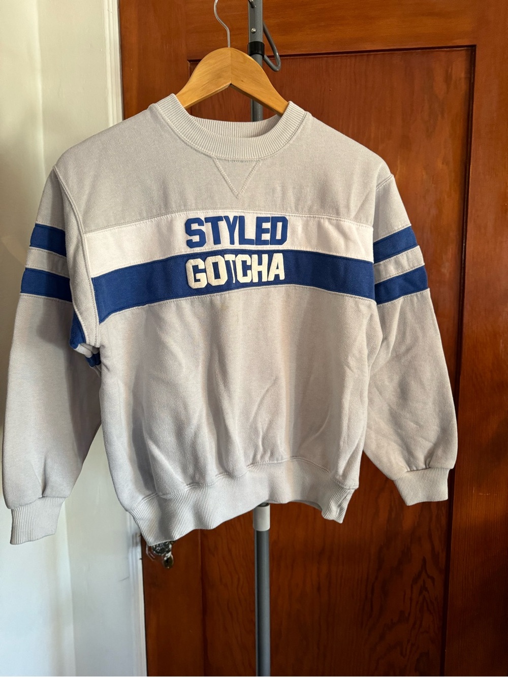Gotcha Styled Crewneck Sweatshirt - Light Gray with Blue Stripes